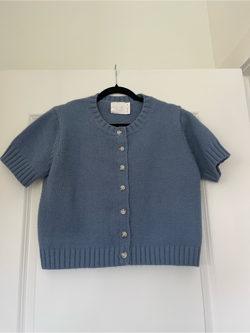 all:row Short-Sleeve Button Cardigan Sweater in Dusty Blue